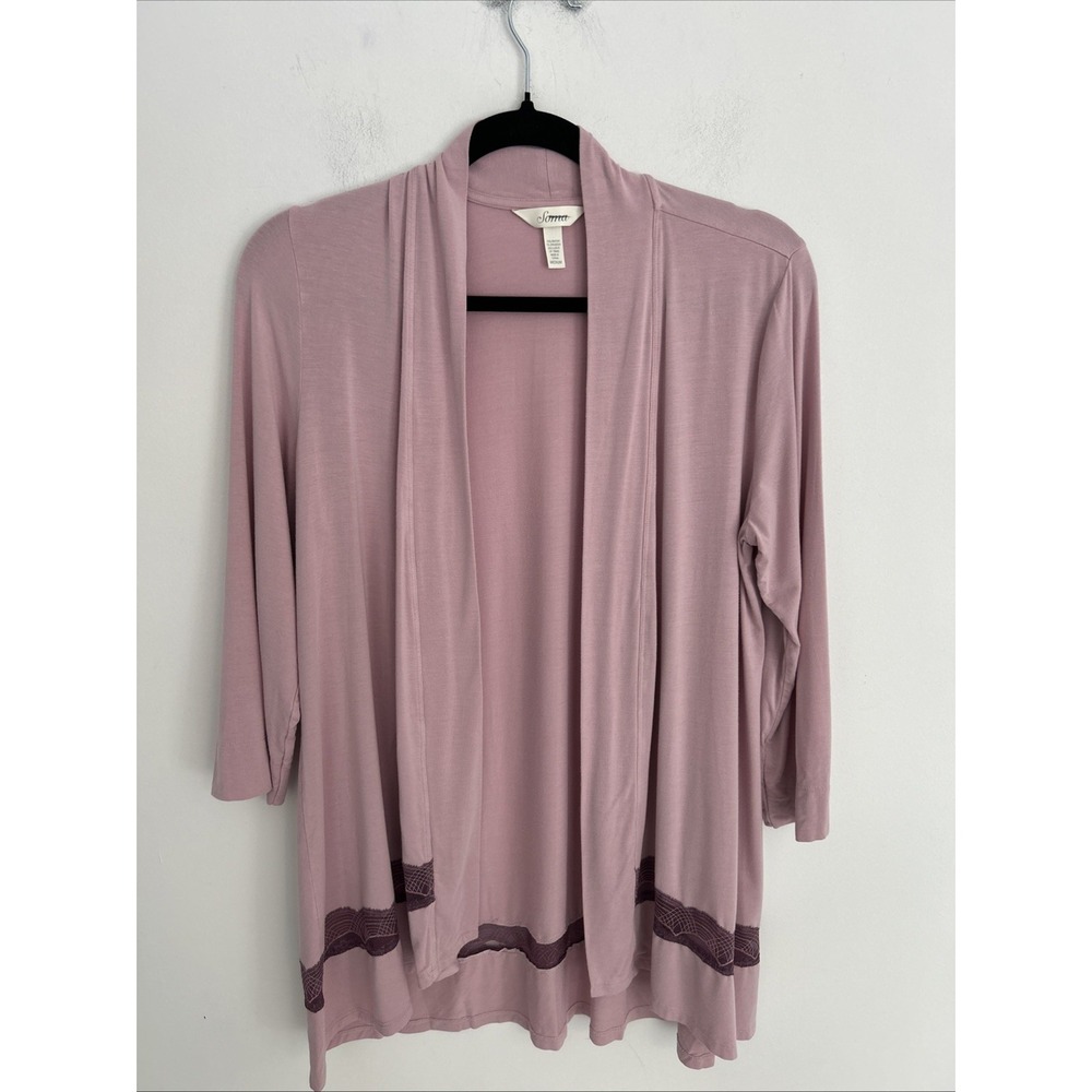 Soma Women's M Lightweight Open Front Blush Pink 3/4 Sleeve Cardigan Lace Trim